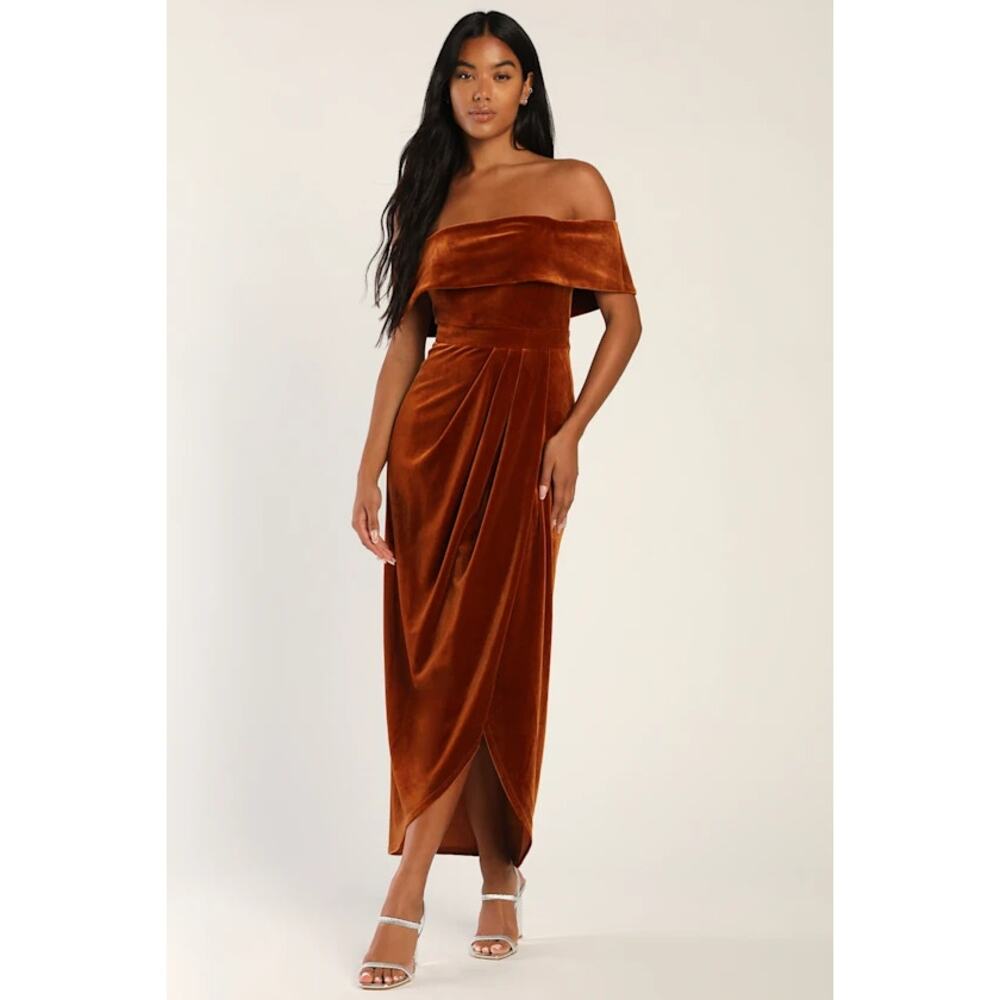 Lulu's XL I'm Enchanted Rust Orange Velvet Off-the-Shoulder Maxi Dress NWT